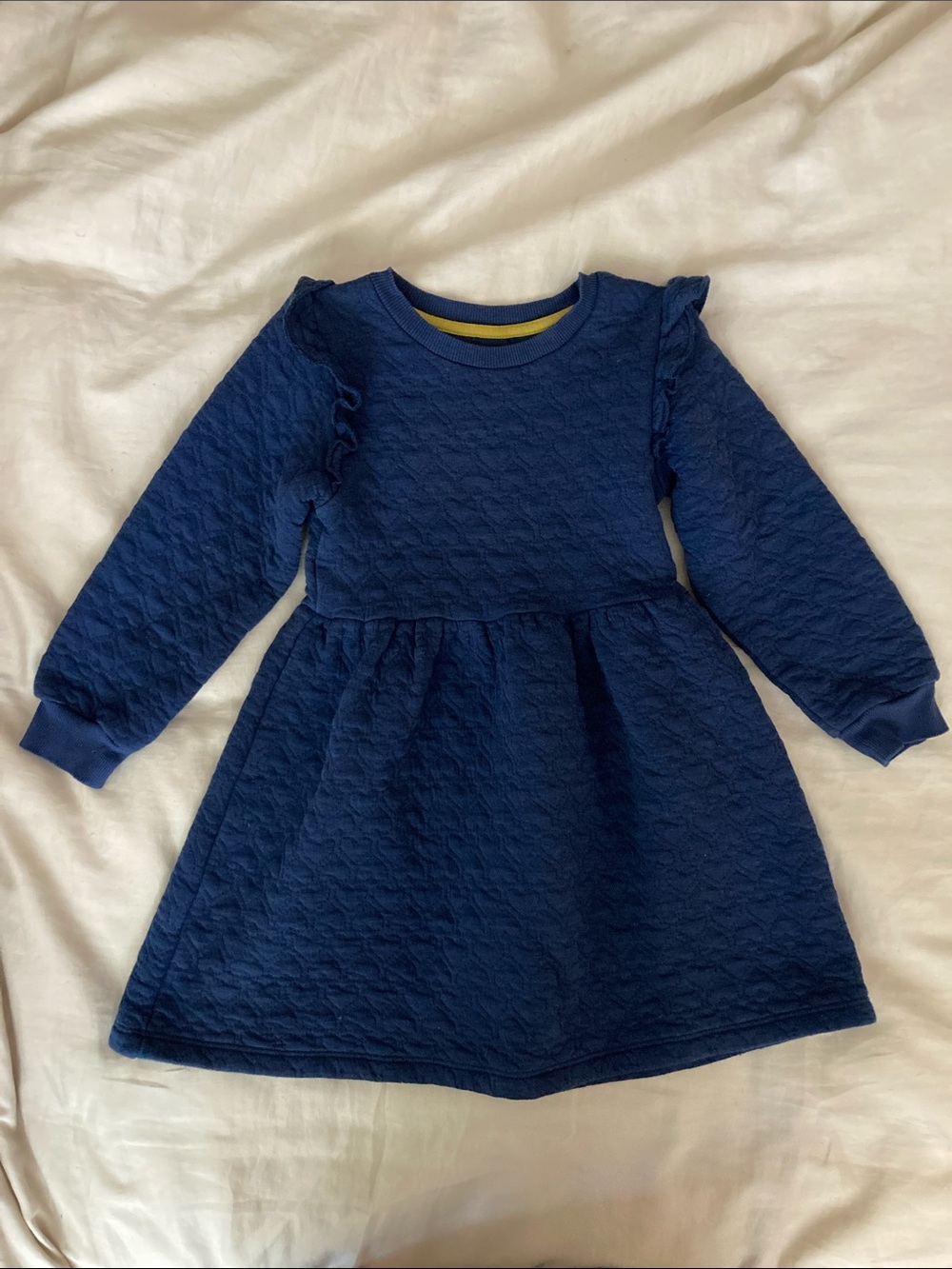 Mini Boden Navy Quilted Long-Sleeve Dress with Ruffle Shoulders